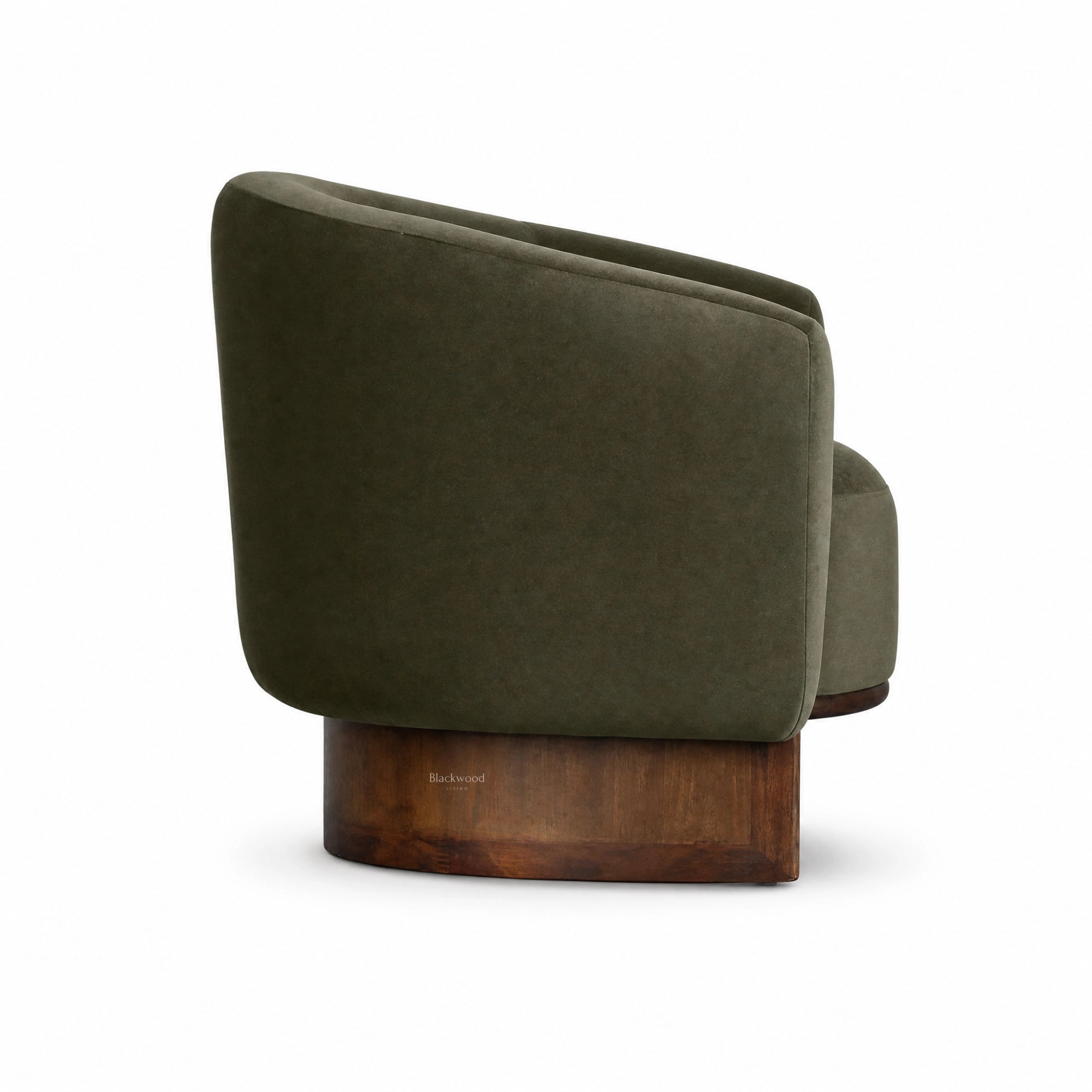 Fairfield Occasional Chair - Moss: moss mohair velvet with curved silhouette and exposed timber base.