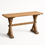 Bastille Console in reclaimed elm with knotty grain, weathered marks, rounded tabletop and sturdy trestle base.