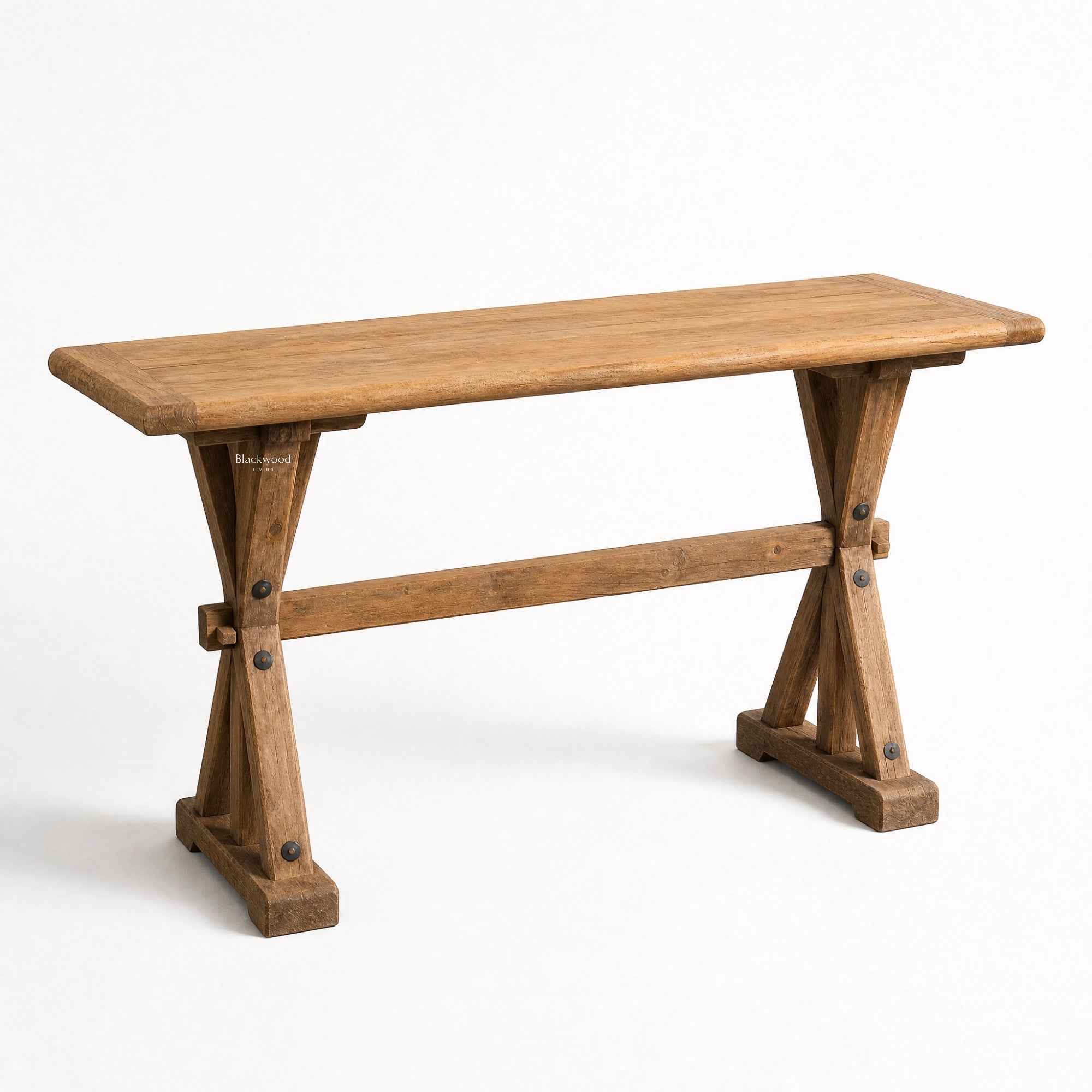 Bastille Console in reclaimed elm with knotty grain, weathered marks, rounded tabletop and sturdy trestle base.