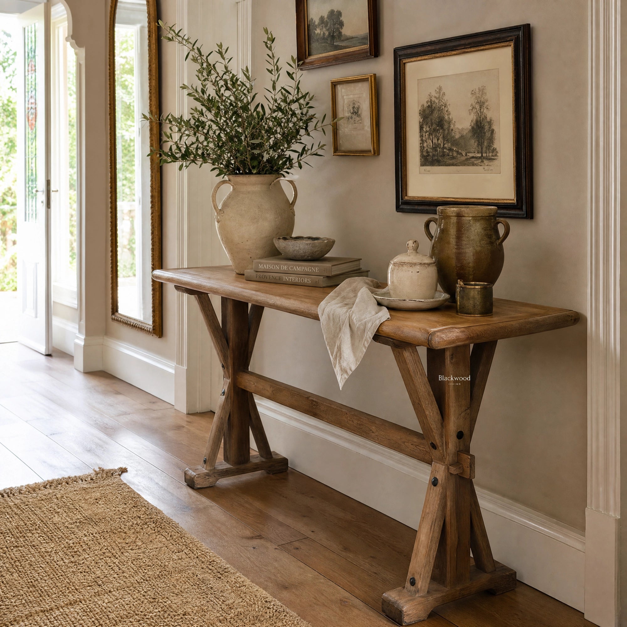 Bastille Console in reclaimed elm with trestle base and rounded tabletop, styled with greenery and framed art.
