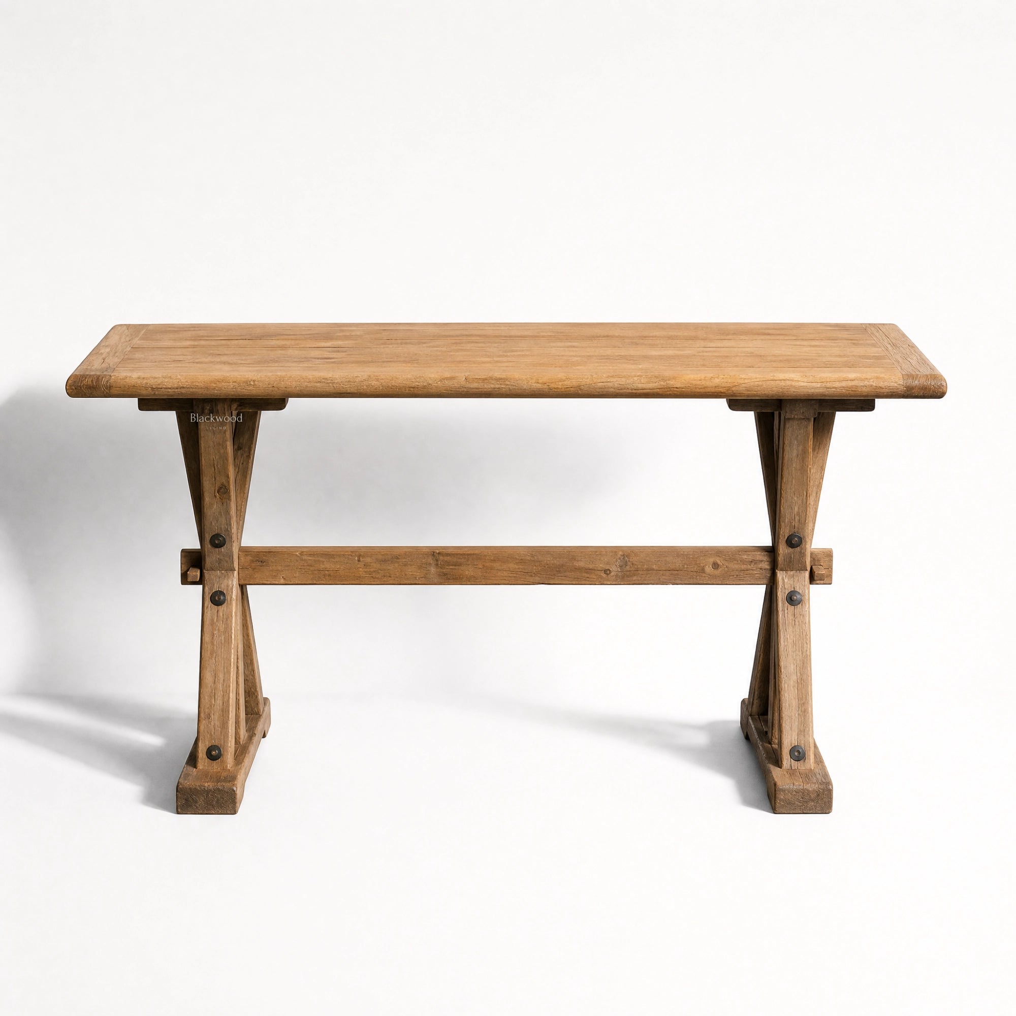 Bastille Console in reclaimed elm with softly rounded tabletop and sturdy trestle base.