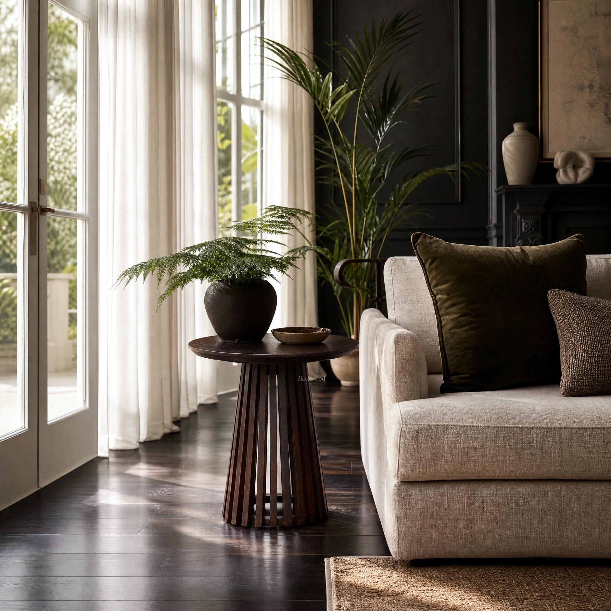 Banyan Side Table in cacao-stained solid oak with a slatted pedestal beside a sofa in a sunlit living room.