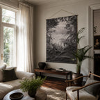 Fiord Wall Hanging: NZ landscape on textured canvas, suspended from a wooden dowel in a serene living room.