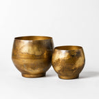 Taj Planters Set/2: two handcrafted iron planters with antiqued gold finish and aged patina.