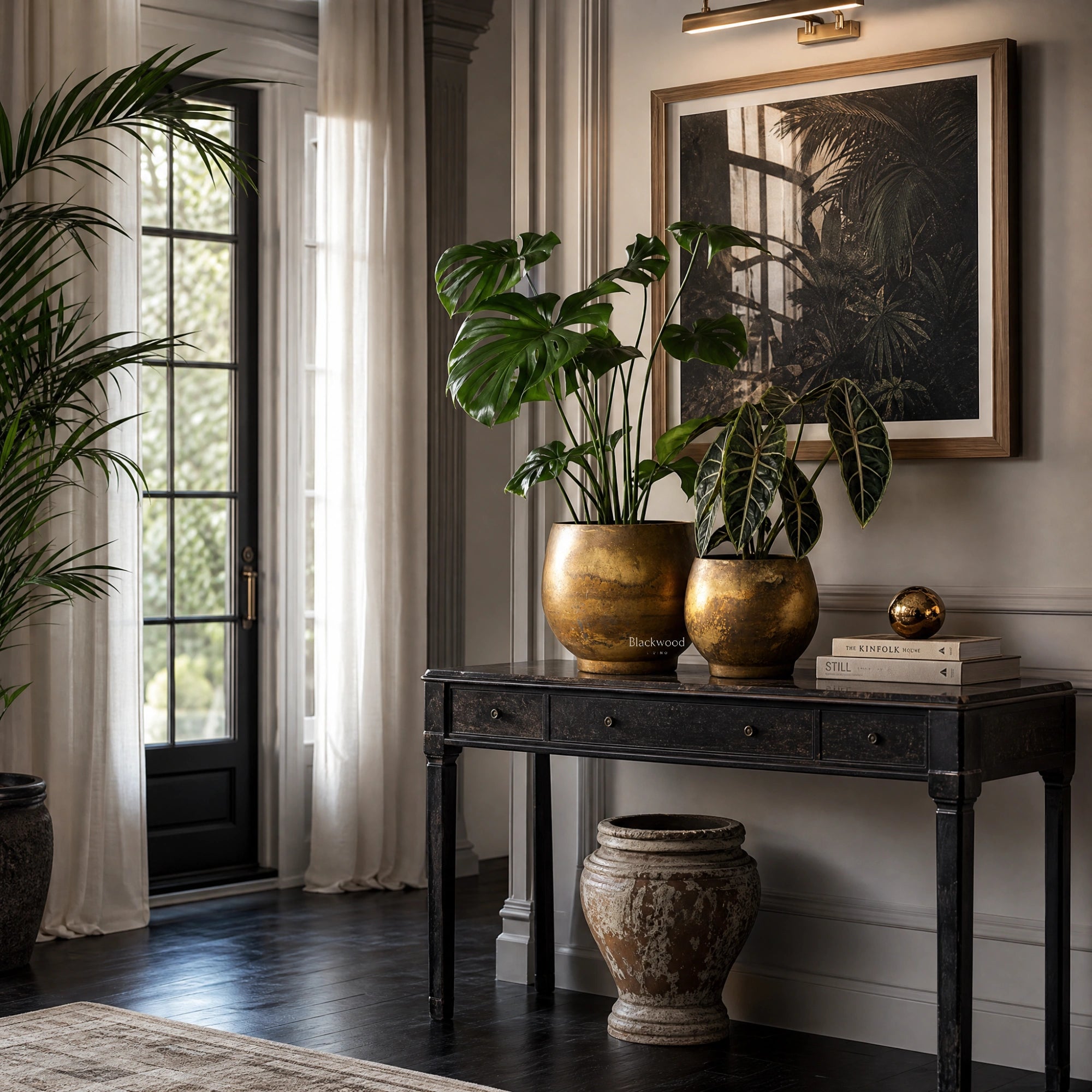 Taj Planters Set/2 in antiqued gold iron on a dark console with tropical plants.
