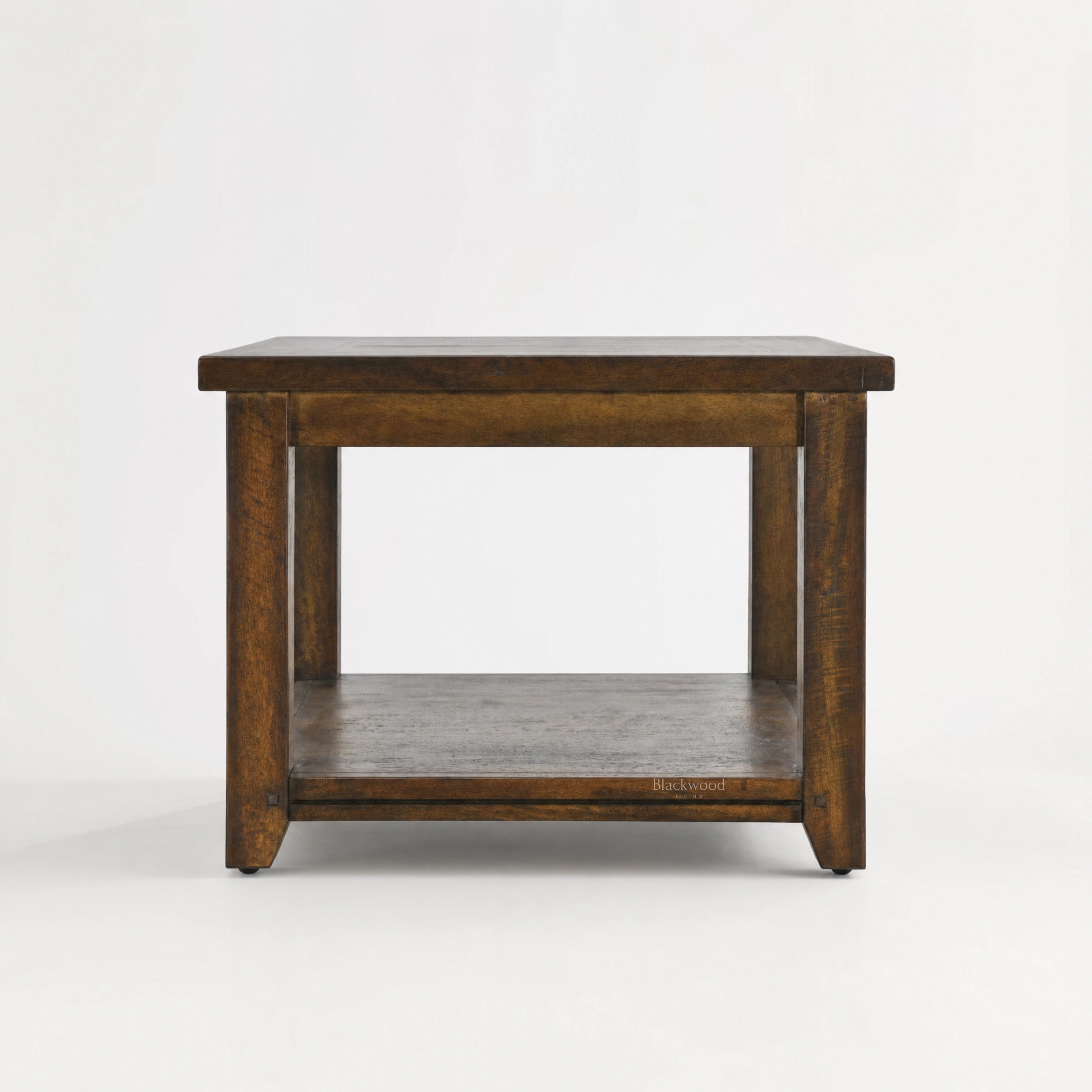 Marlborough Lamp Table in solid mango wood with a dark finish, thick legs and a lower shelf.