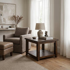 Marlborough Lamp Table in solid mango wood sits in a neutral living room with soft furnishings.