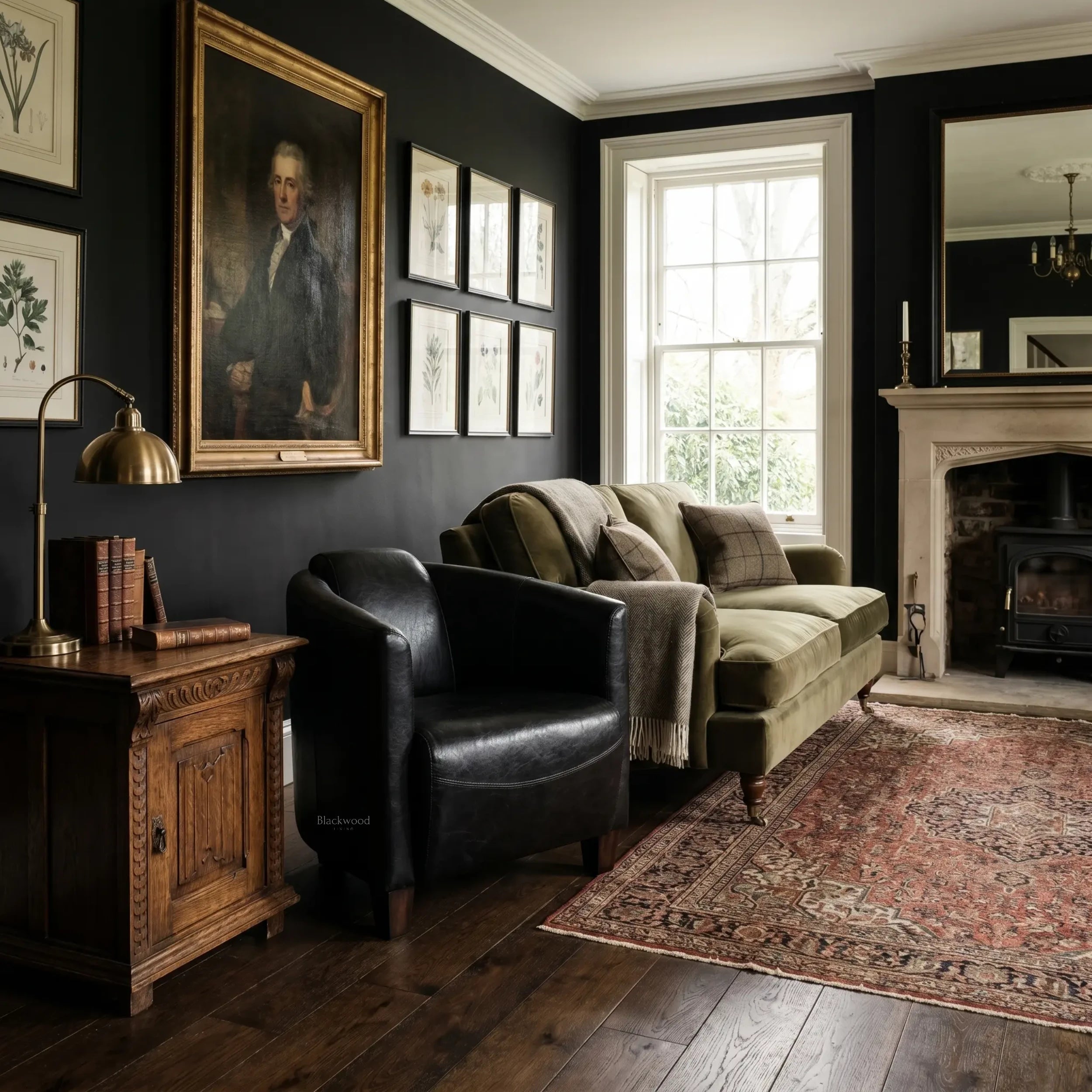 Dalton Club Chair in dark South American top-grain leather with a rubber wood frame anchors a refined living room.