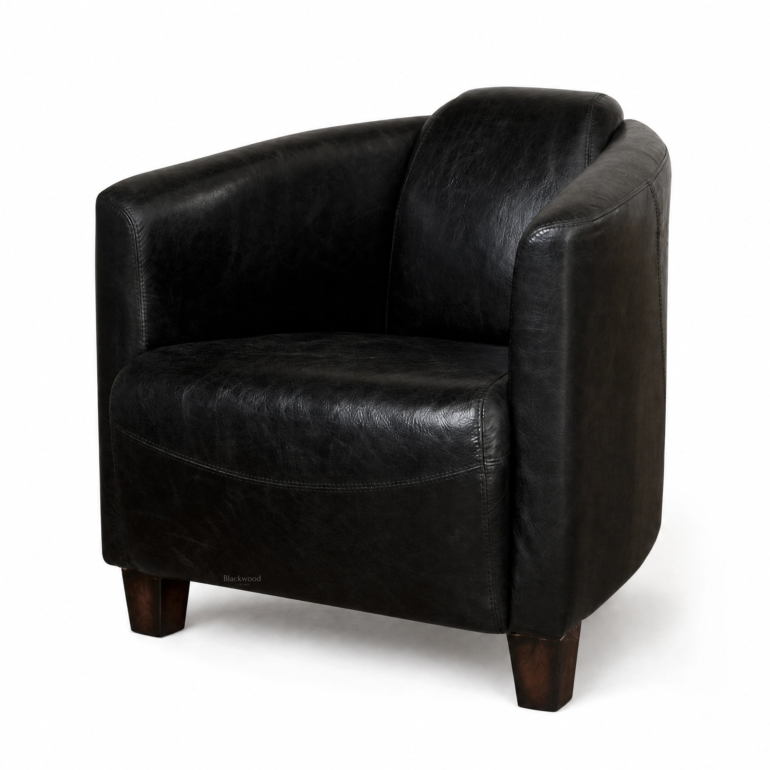 Dalton Club Chair close-up in black South American top-grain cow leather with solid rubberwood legs.