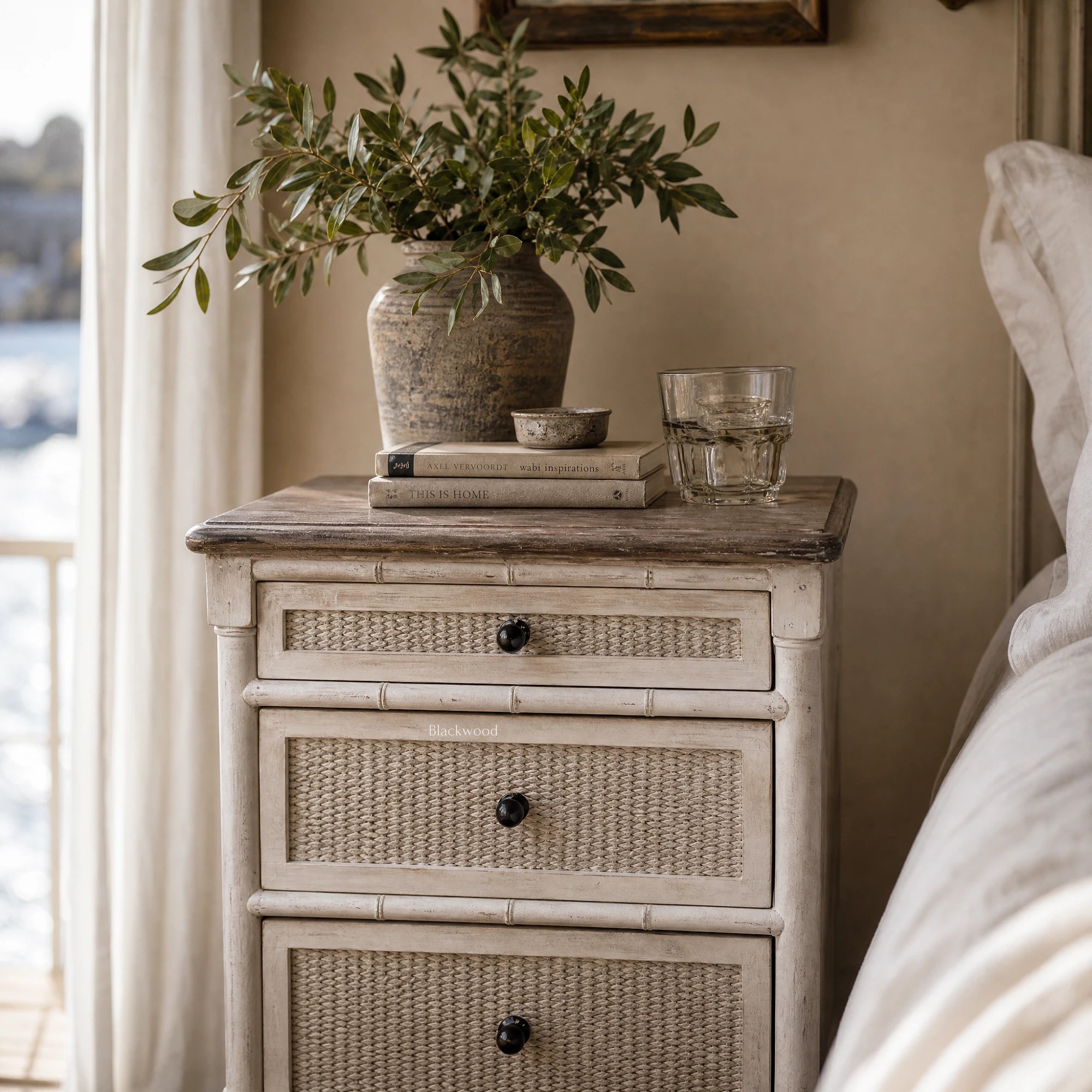 Laguna Bedside Table in weathered white with woven drawer fronts, coastal Hamptons-inspired style.