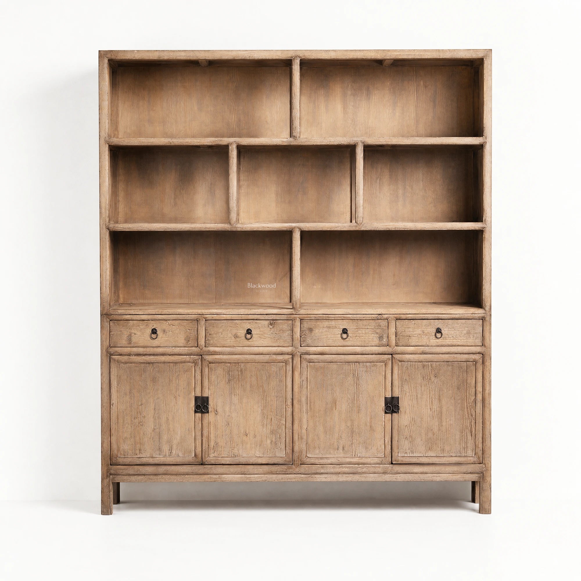 Fairhaven Wall Unit in weathered pine with a softly aged finish, coastal-style storage with open cubbies and drawers.