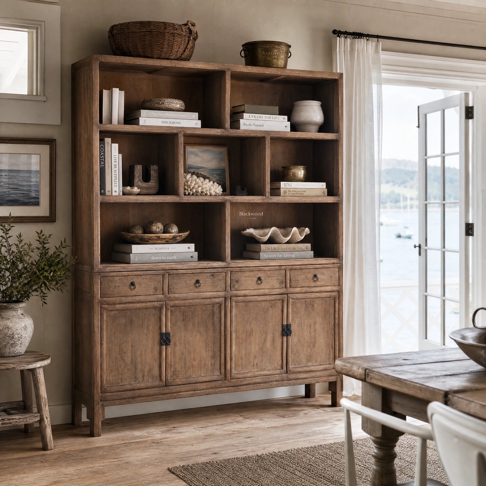 Fairhaven Wall Unit in weathered pine with open cubbies and coastal elegance.