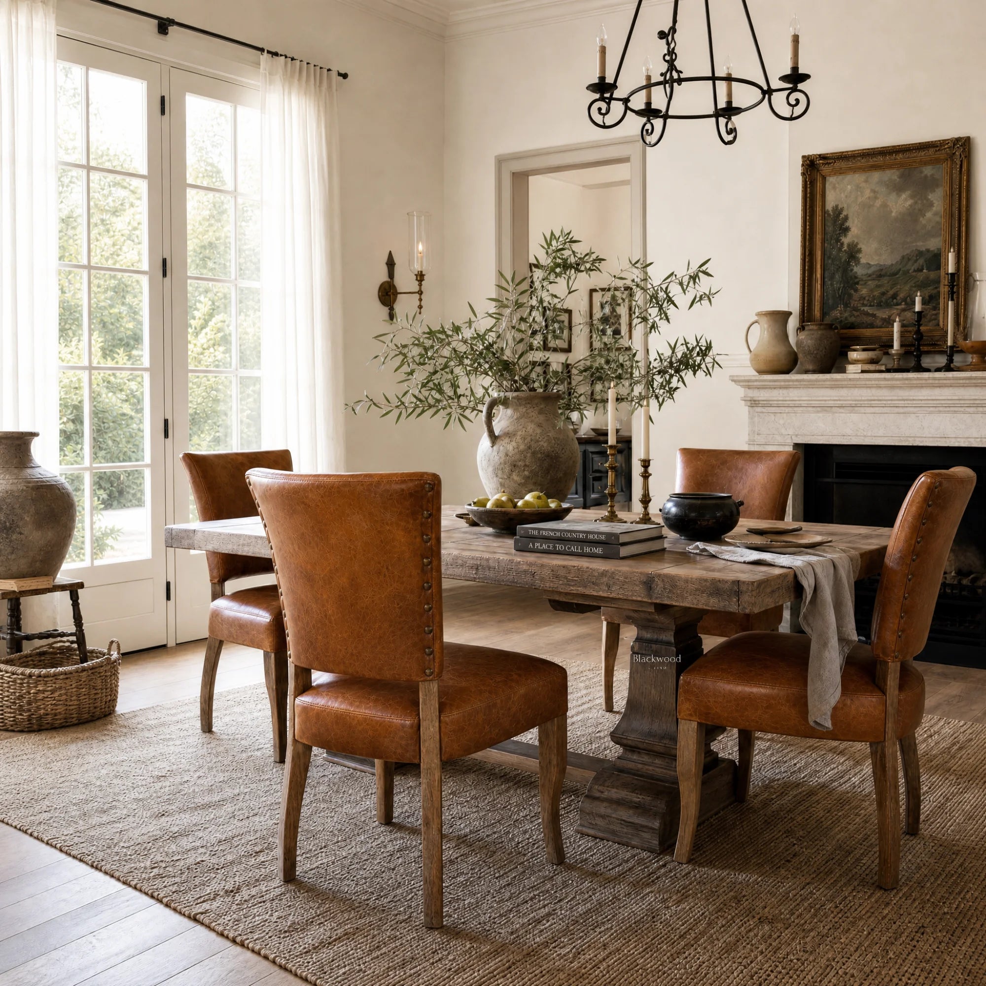 Beaumont Dining Chair - Vintage Tan with South American top-grain leather in a warm, traditional dining room.