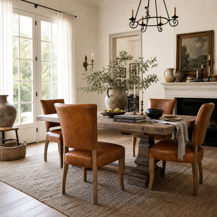 Beaumont Dining Chair - Vintage Tan with South American top-grain leather in a warm, traditional dining room.