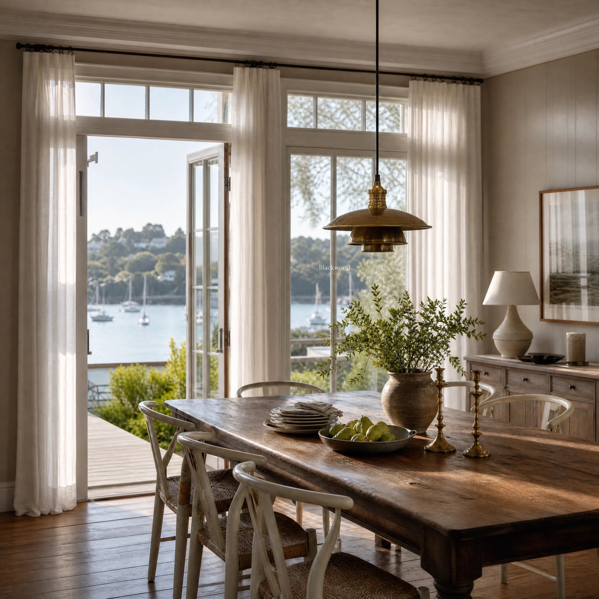 The Mercantile Brass Pendant in antique brass with aged finish hangs above a rustic dining table in a sunlit room.