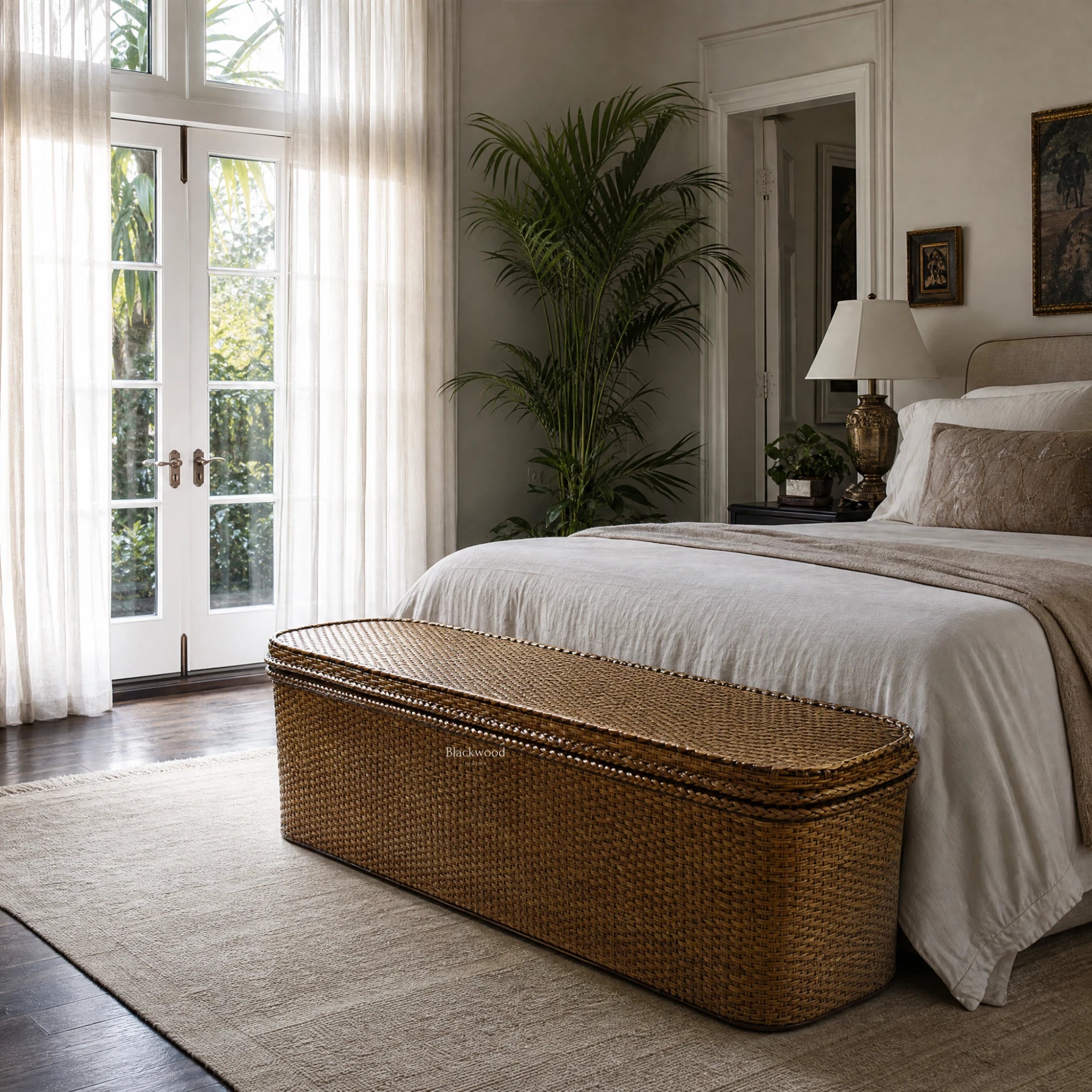 Tamarind Blanket Box in woven rattan at the foot of the bed, adding warmth, texture and blanket storage.