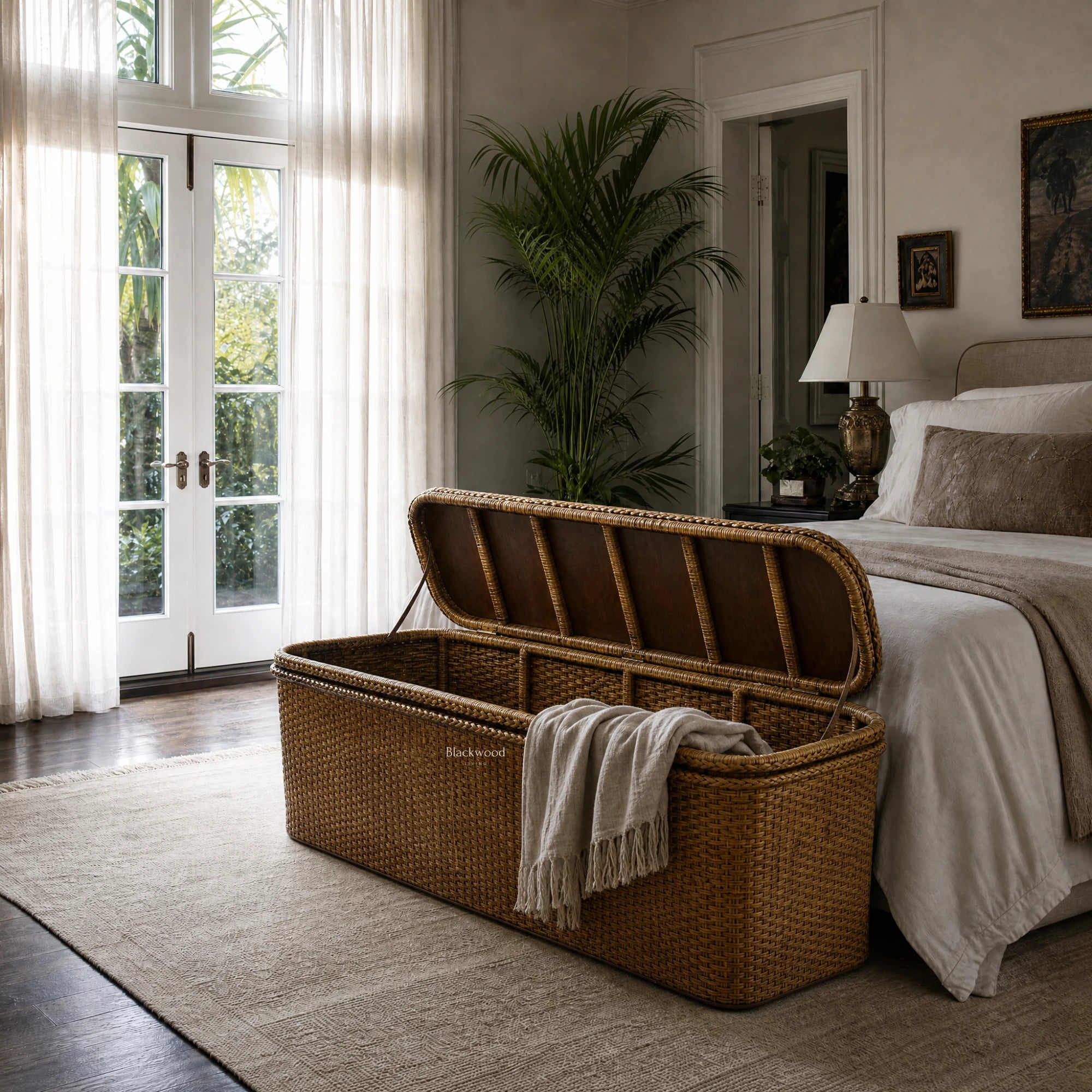 Tamarind Blanket Box at the foot of a bed, woven rattan storage in a sunlit plant-filled bedroom.