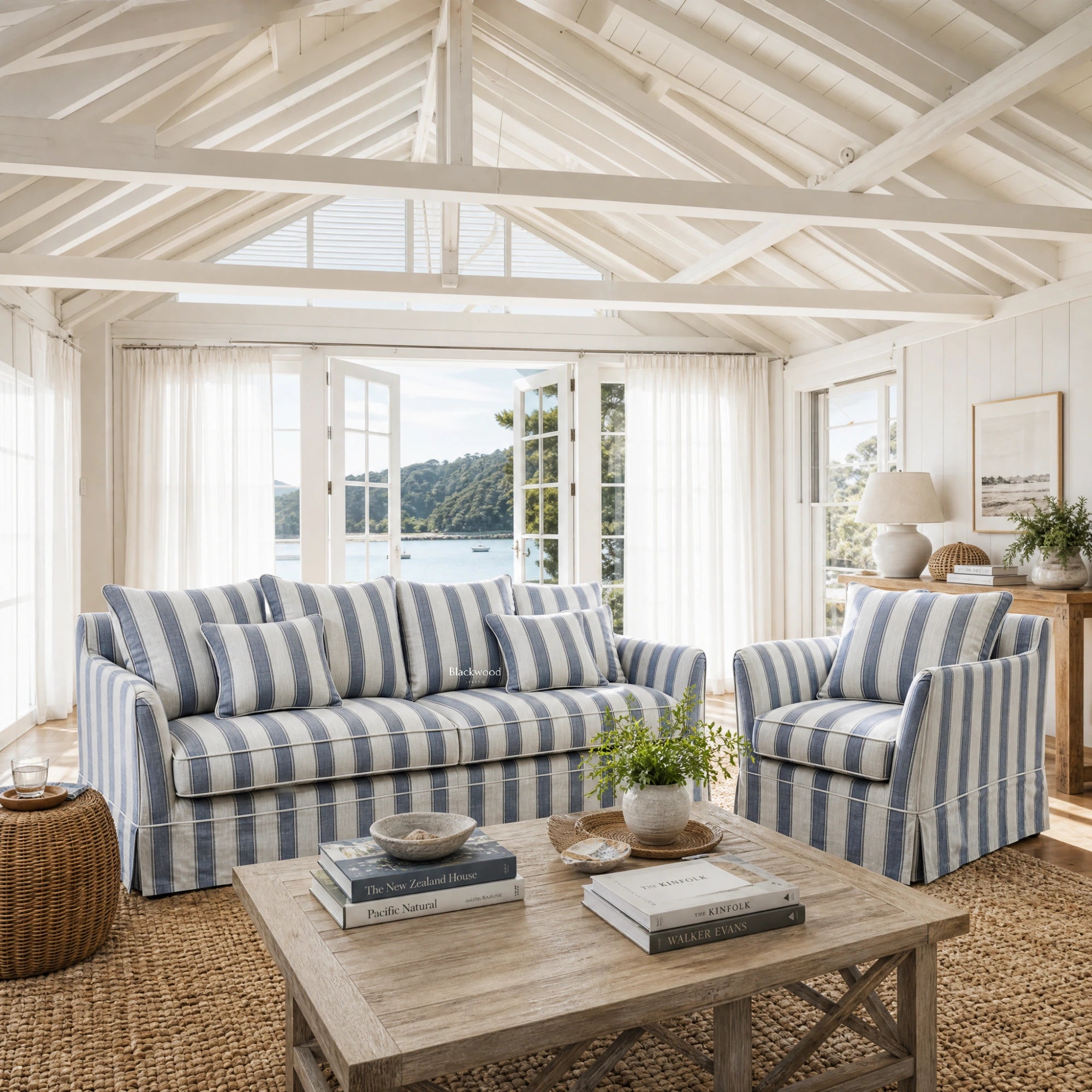Newport 3 Seat Sofa in Mariner Blue Stripe with striped linen-blend slipcover and soft cushions in a coastal room.
