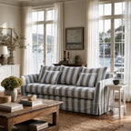 Newport 3 Seat Sofa - Mariner Blue Stripe with striped linen-blend slipcover in a sunlit coastal living room.