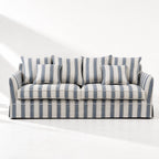Newport 3-seat sofa in mariner blue stripe linen-blend slipcover with generous cushions and tailored skirt.
