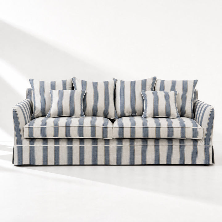 Newport 3-seat sofa in mariner blue stripe linen-blend slipcover with generous cushions and tailored skirt.