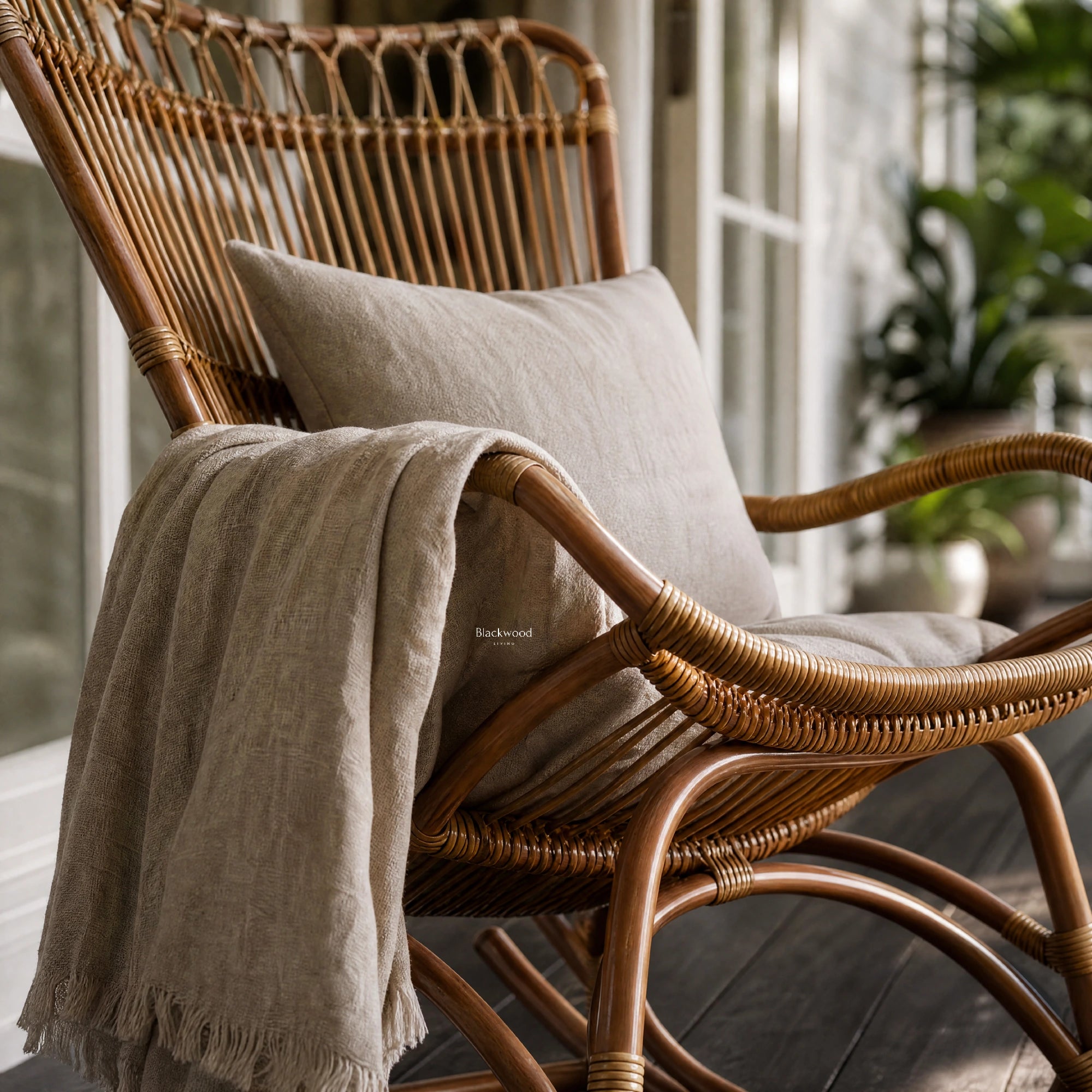 Sika® Originals Monet Rattan Rocking Chair with beige cushions on a sunlit veranda