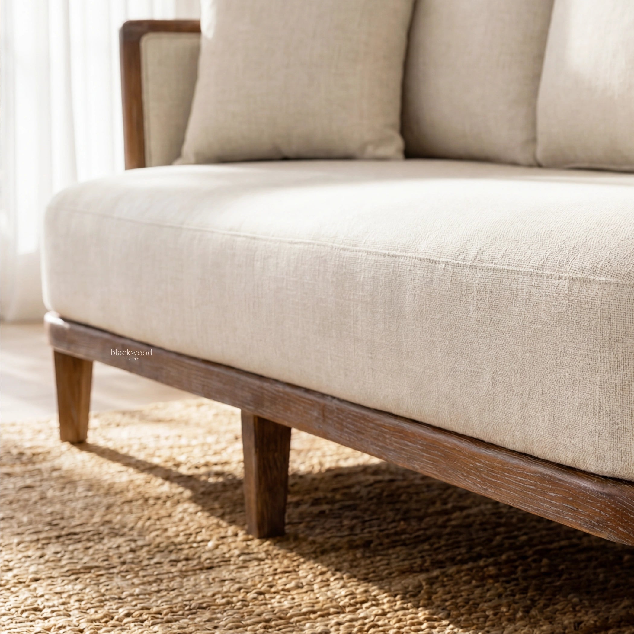 Seabrooke 2-seat sofa with linen upholstery and solid oak frame.