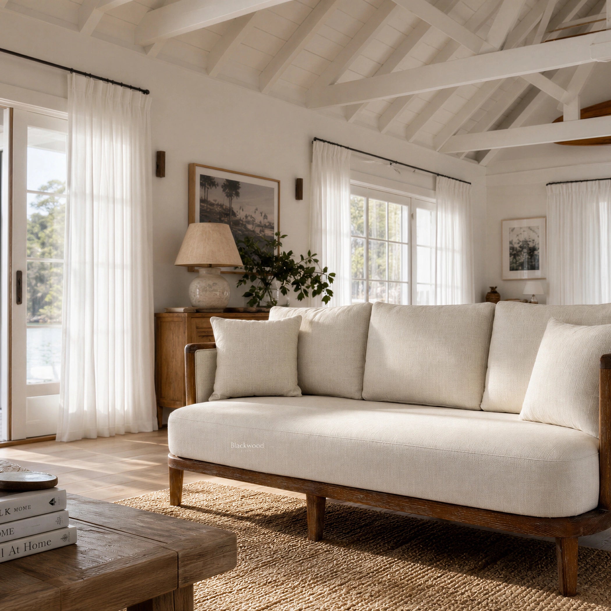Seabrooke 2 Seat Sofa with solid oak frame, linen upholstery, and natural rattan detailing in a coastal living room.