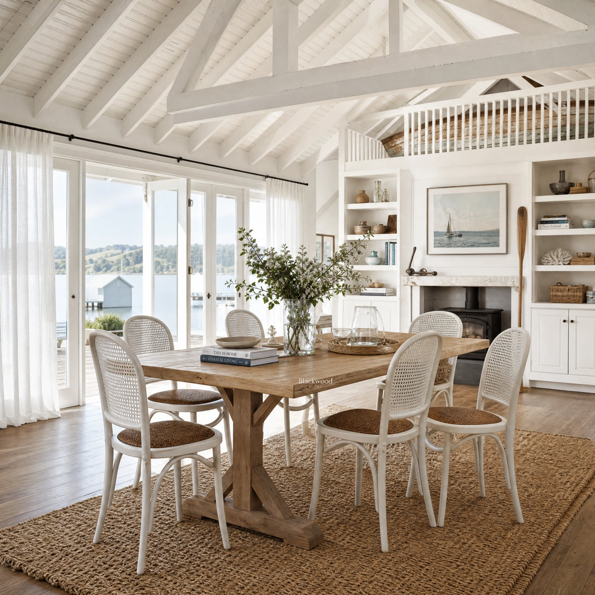 Whitehaven Dining Chair with solid oak and handwoven rattan detailing in a coastal dining room.
