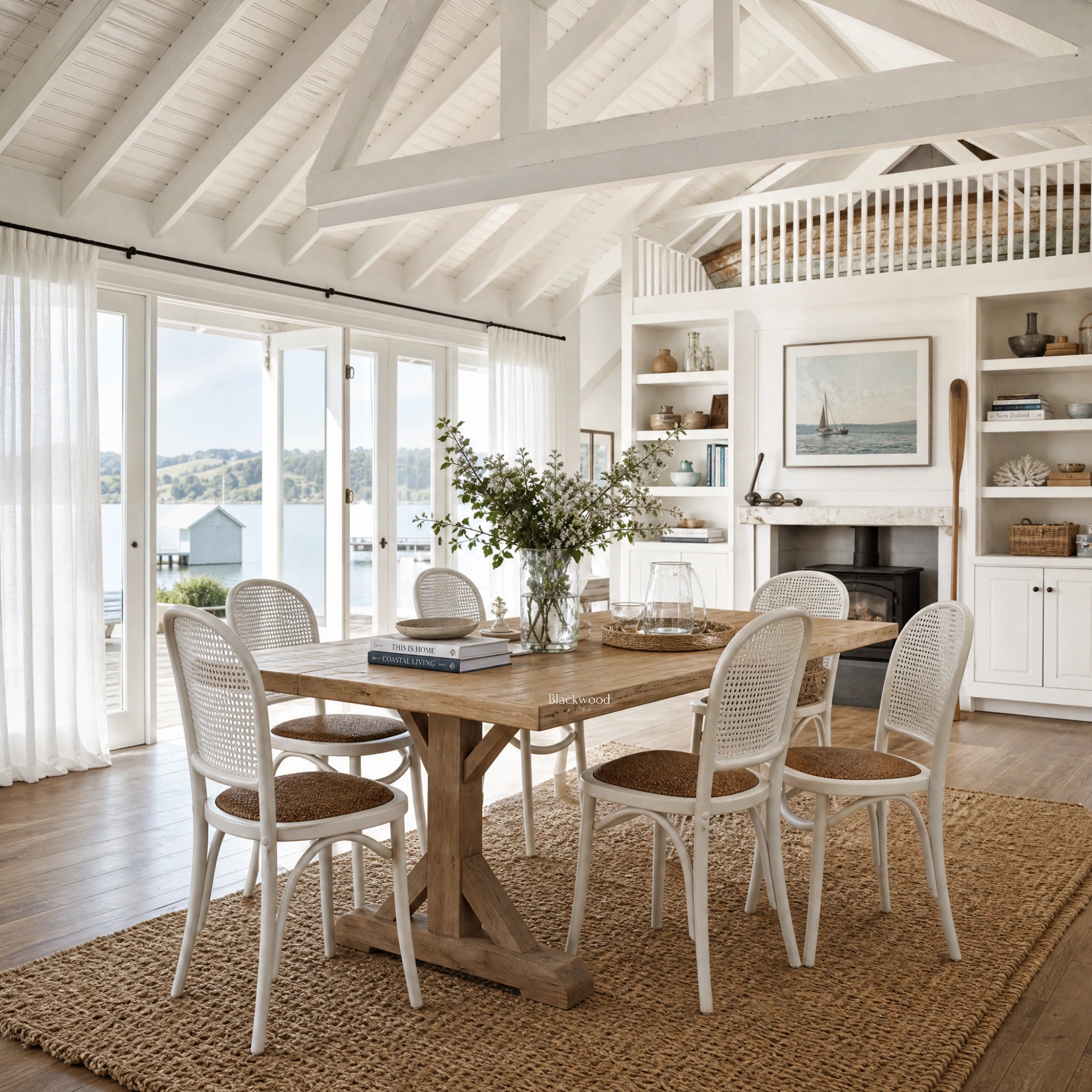 Whitehaven Dining Chair with solid oak and handwoven rattan detailing in a coastal dining room.