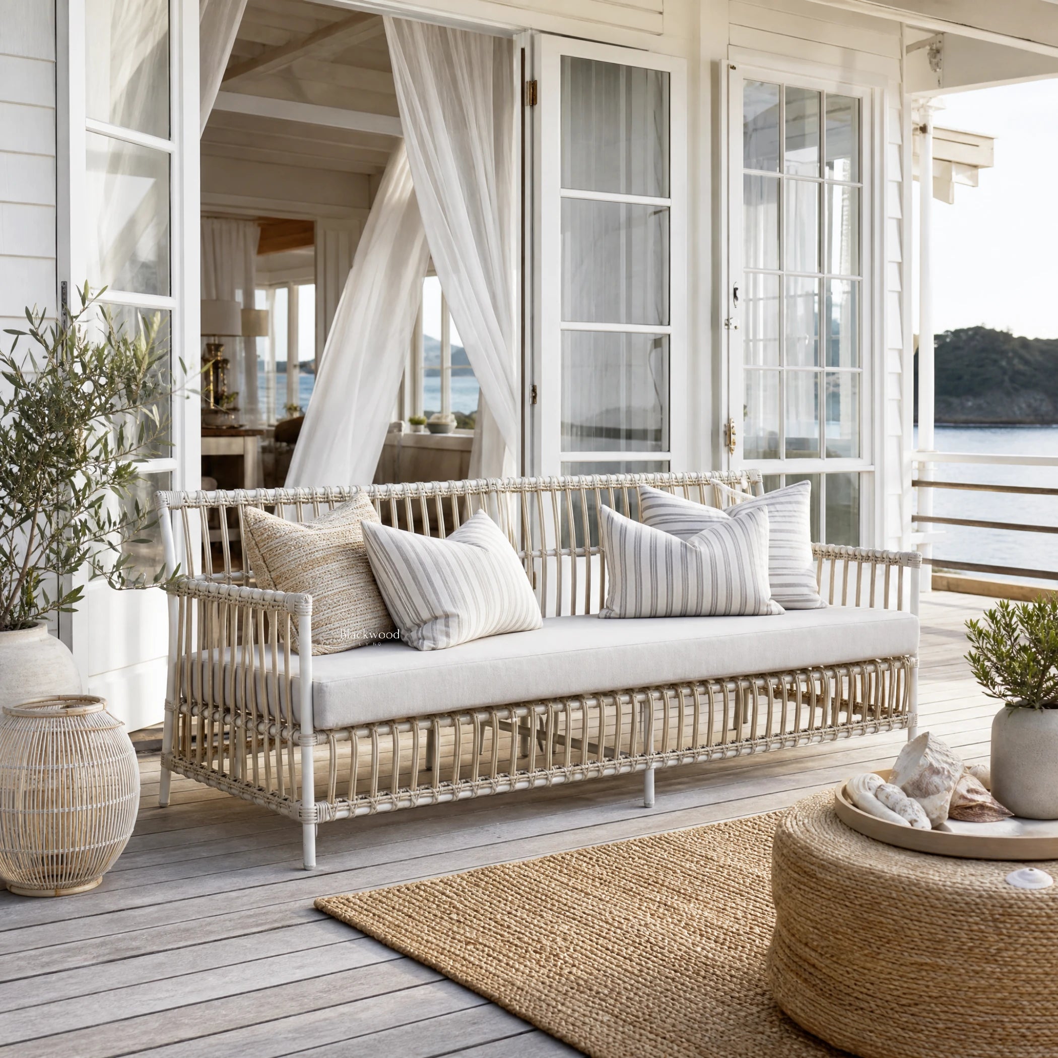 SIKA Exterior Caroline Sofa on a coastal patio, Polystrand fibers over a powder-coated frame with striped cushions