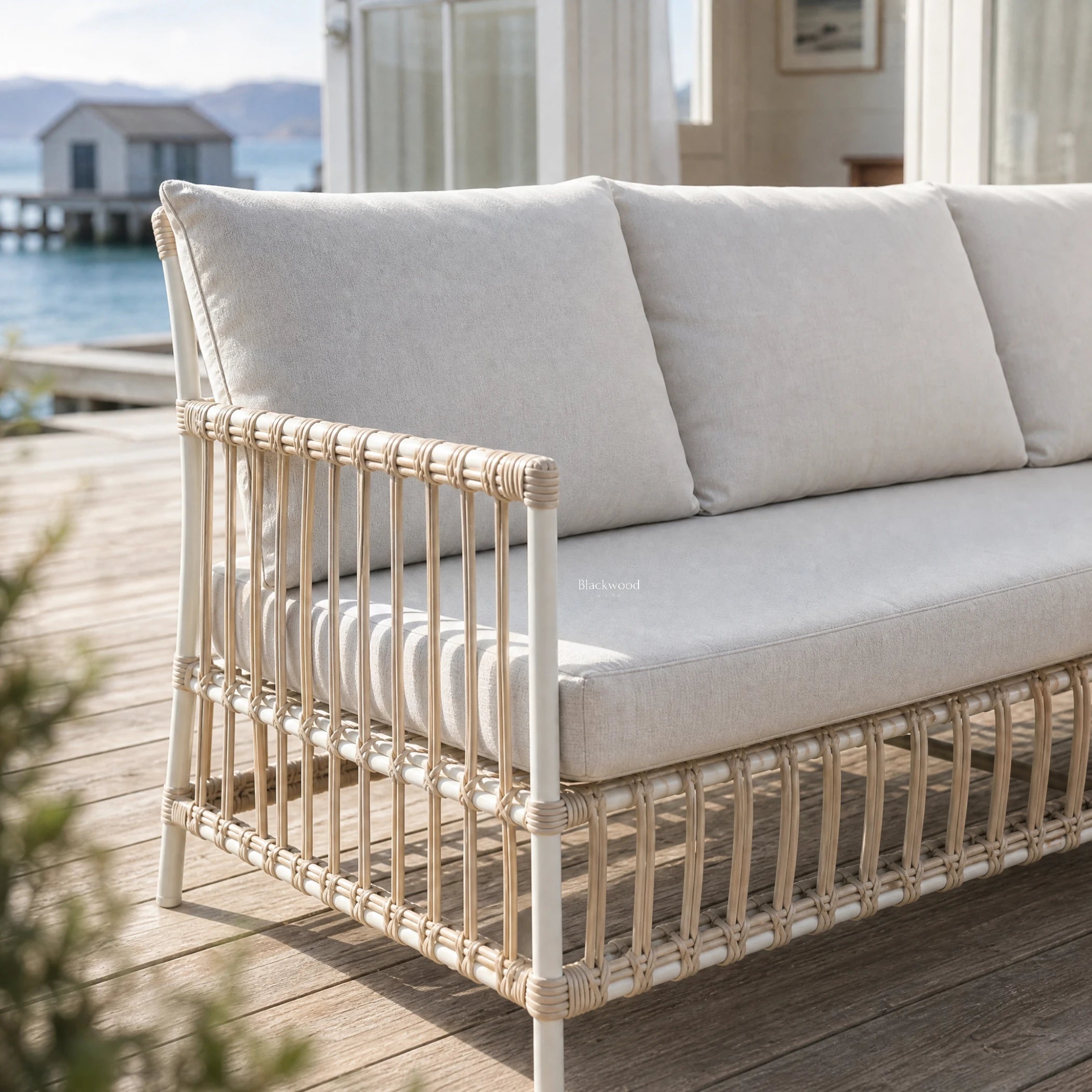 SIKA Exterior Caroline Sofa with cream cushions on handwoven Polystrand fibres rattan frame, outdoor NZ setting.
