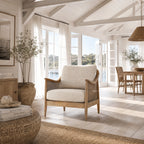 Devonport Chair with ash frame, whitewashed finish, natural rattan detailing, plush cushions in coastal living style.