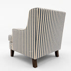 Southport Chair in blue and beige striped fabric with generous cushioning and dark wooden legs.