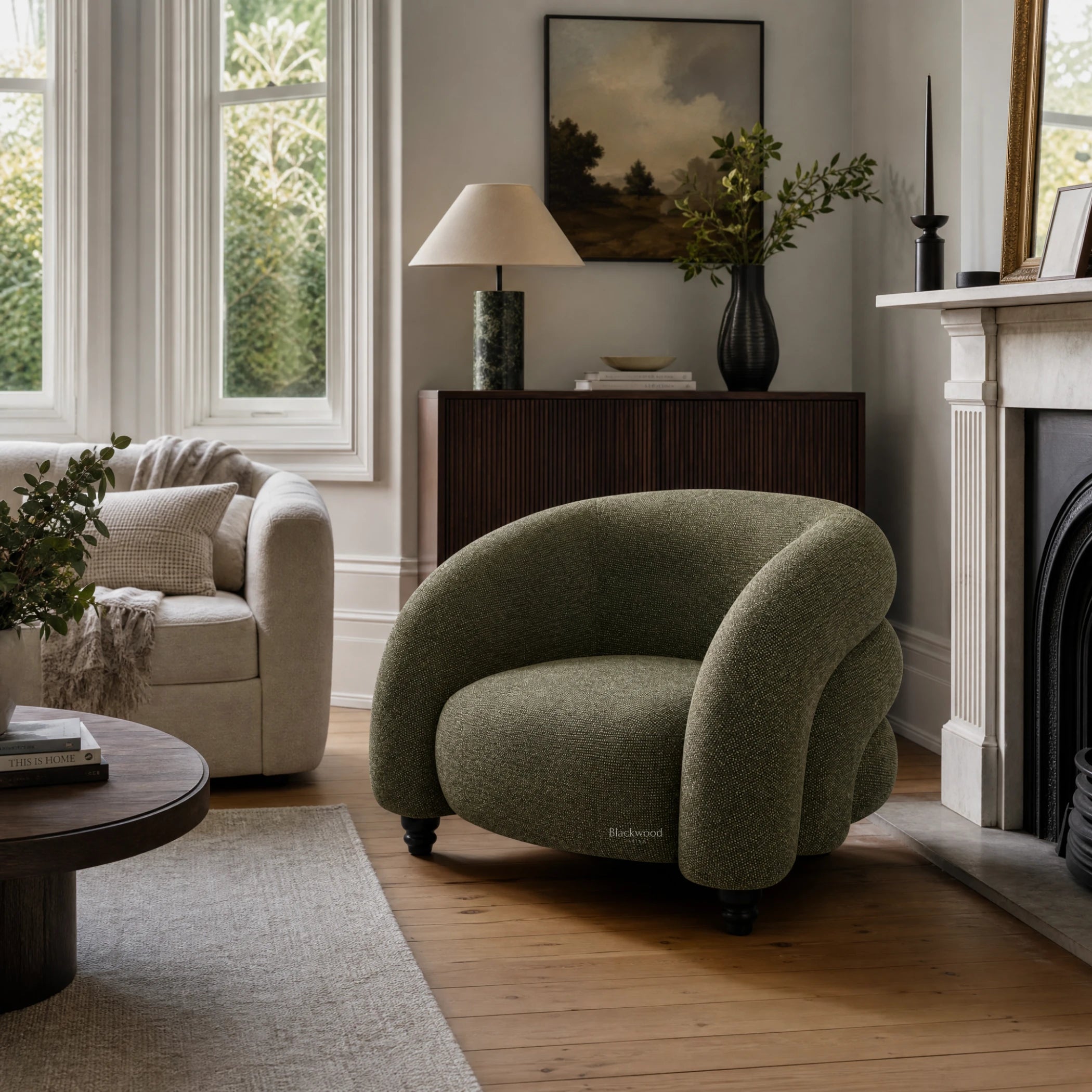Parlour Chair with textured polymix fabric and solid beech feet in a cozy living room setting.