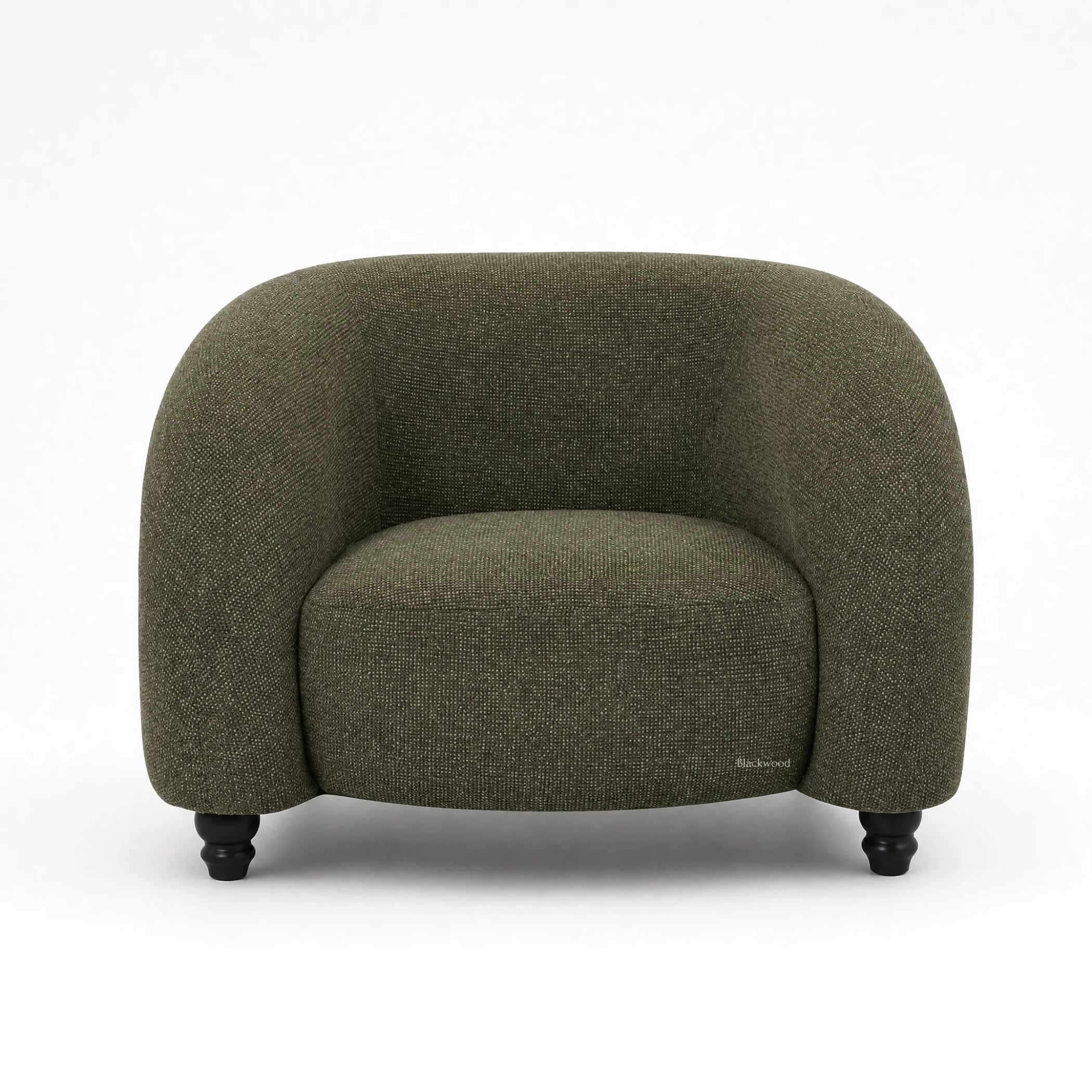 Parlour Chair with richly textured polymix fabric and solid beech feet, softly sculpted silhouette.