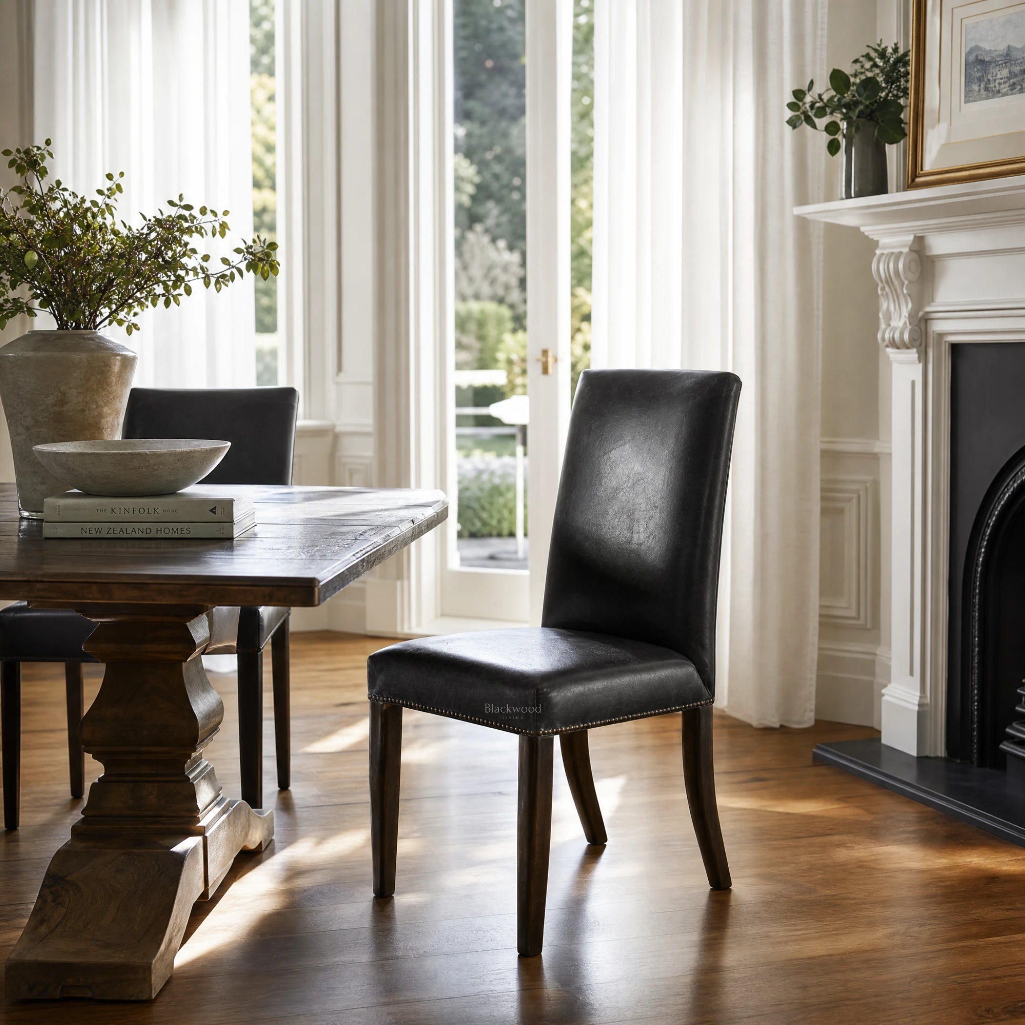 Manor Dining Chair in South American top-grain cow leather with hand-applied brass studs, shown in a dining room.
