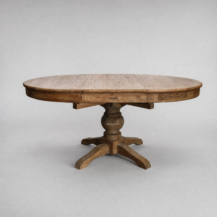 Woodland Extendable Dining Table, reclaimed elm, round form with time-worn texture for everyday gatherings.