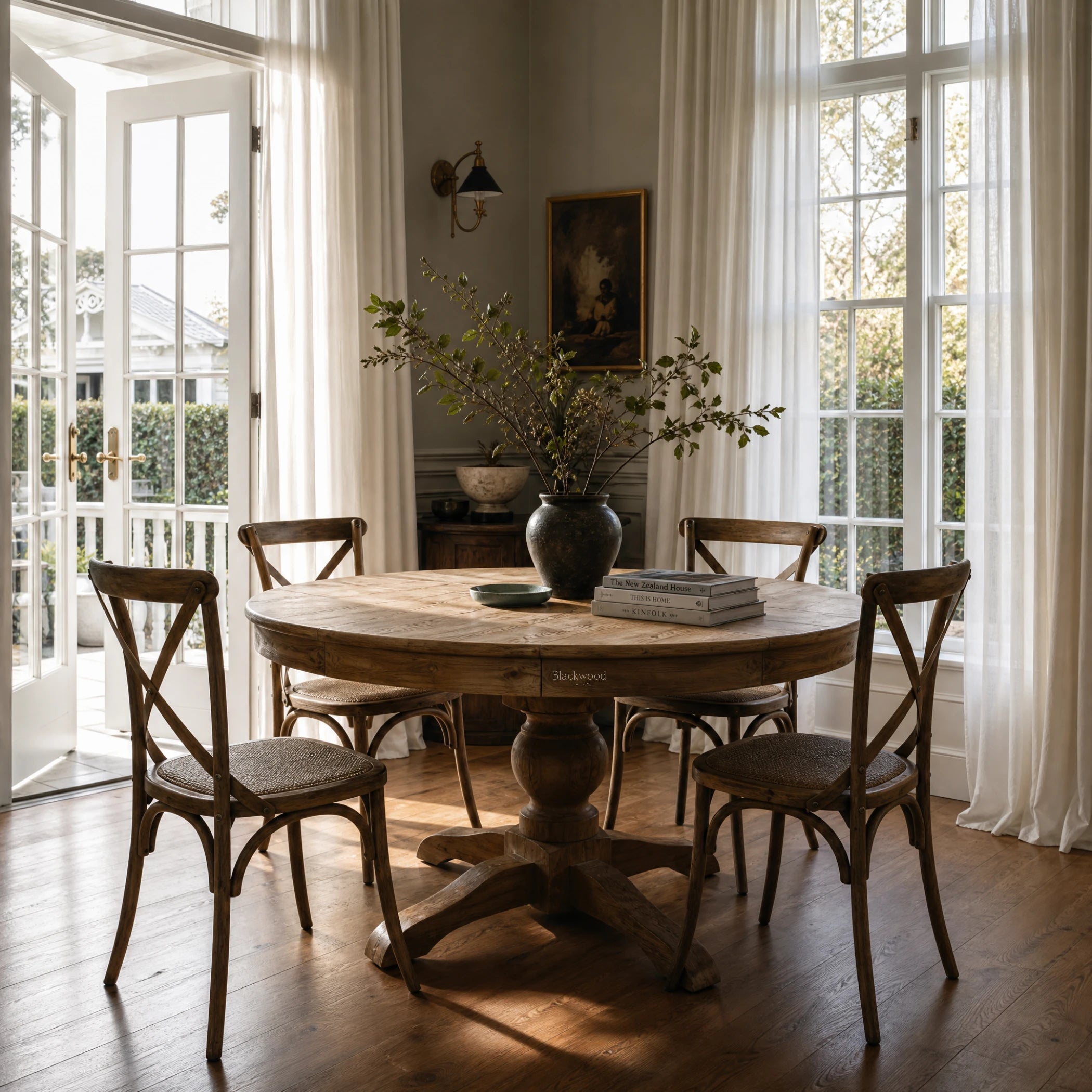 Woodland Extendable Dining Table in a sunlit dining room, round reclaimed elm top with matching chairs.