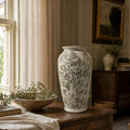 Rosalie Floral Vase 37cm ceramic with botanical pattern, softly aged finish in a French country-inspired room.