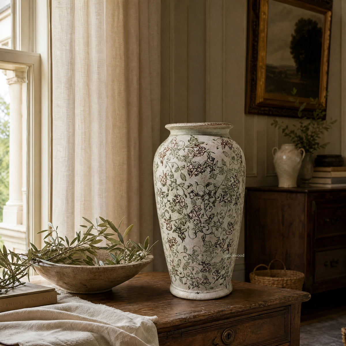 Rosalie Floral Vase 37cm ceramic with botanical pattern, softly aged finish in a French country-inspired room.