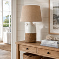 Shoreline Table Lamp with hand-finished ceramic base and woven hessian shade, warm coastal glow