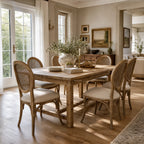 Camille Dining Chair in burnt oak with handwoven rattan back and linen upholstery, in a French Provincial dining room.