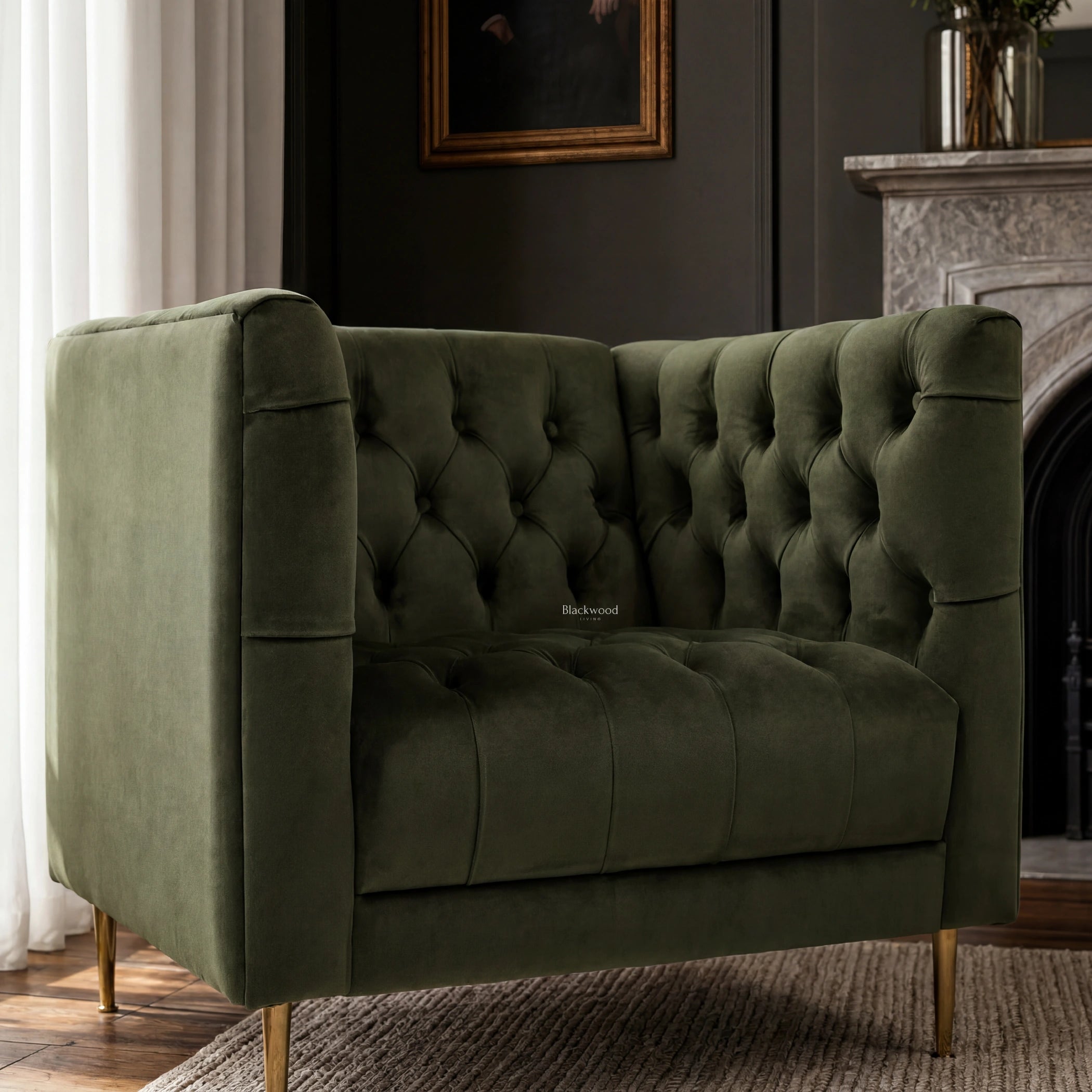 Wellington Club Chair - Green Velvet, with deep button tufting and gold legs, in luxe living room beside a fireplace.