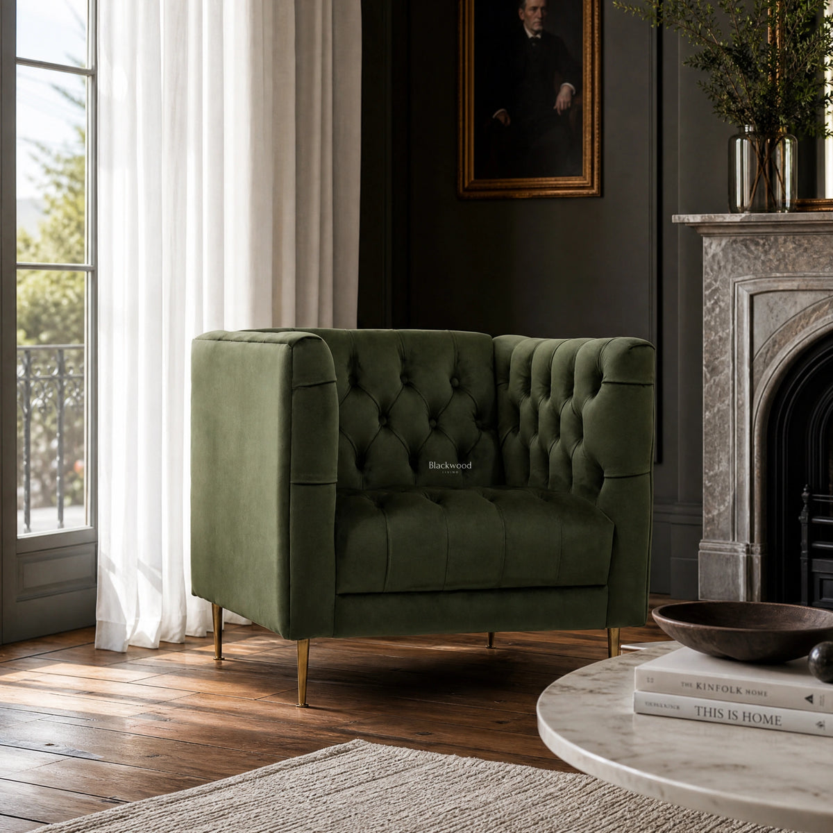 Wellington Club Chair in green velvet with deep tufting and slim brass legs.