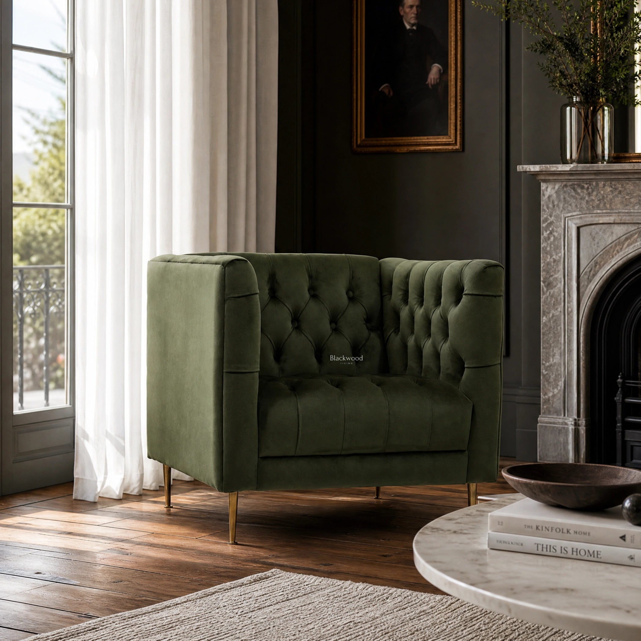 Wellington Club Chair in green velvet with deep tufting and slim brass legs.