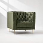 Wellington Club Chair - Green Velvet with deep button tufting and gold legs.