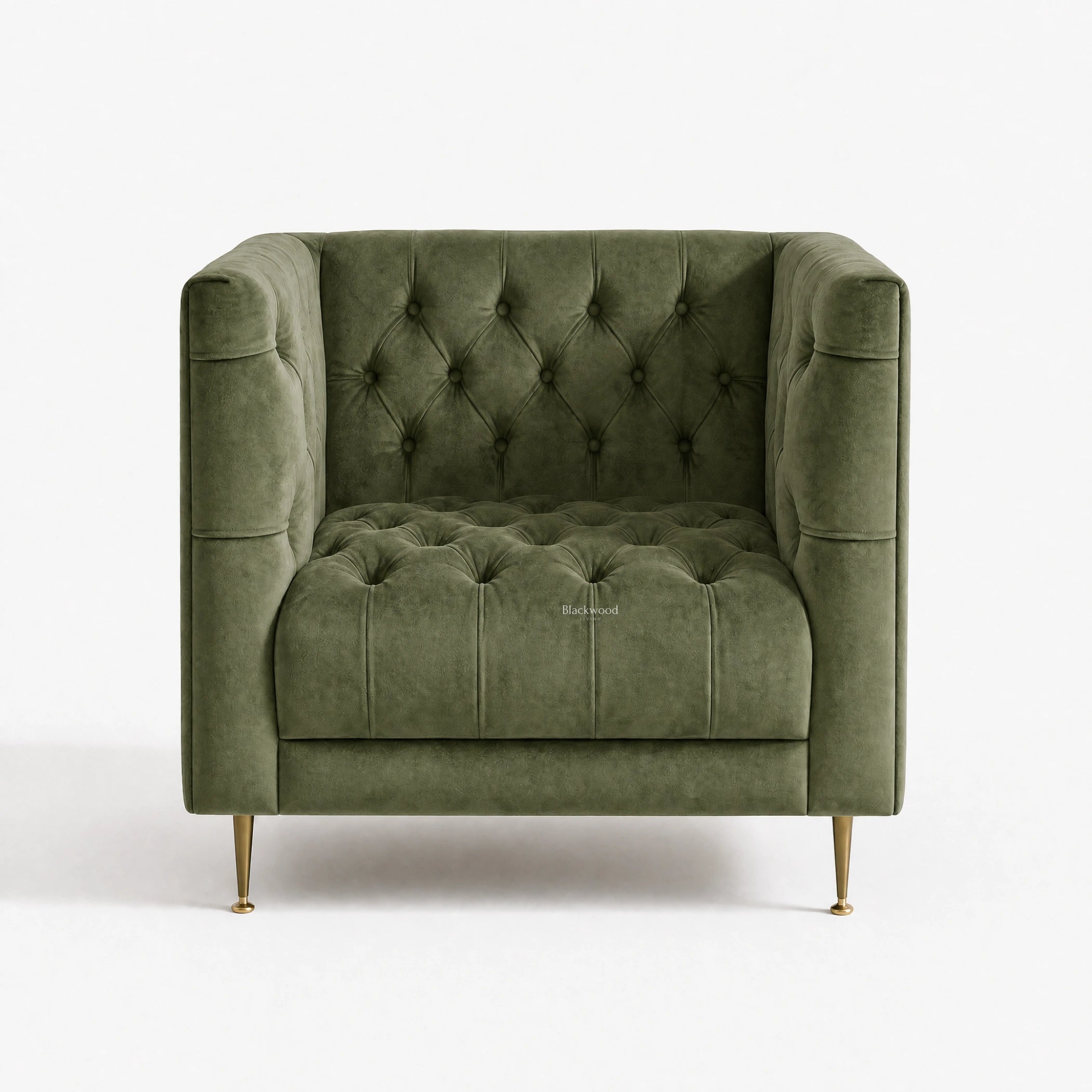 Wellington Club Chair in green velvet with deep button tufting and curved arms, brass legs.