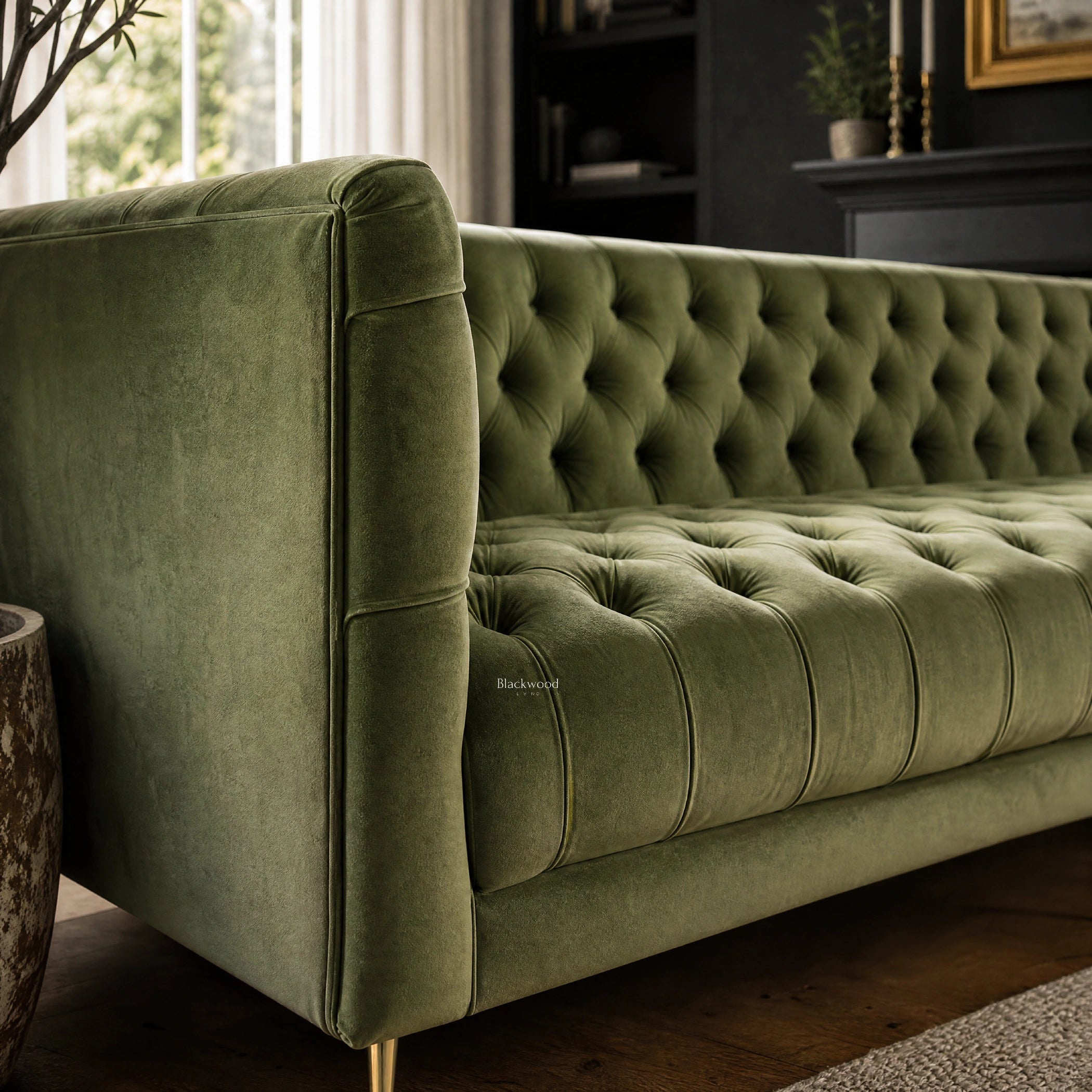 Wellington Club Sofa in rich green velvet with deep button tufting along seat, back, and arms.