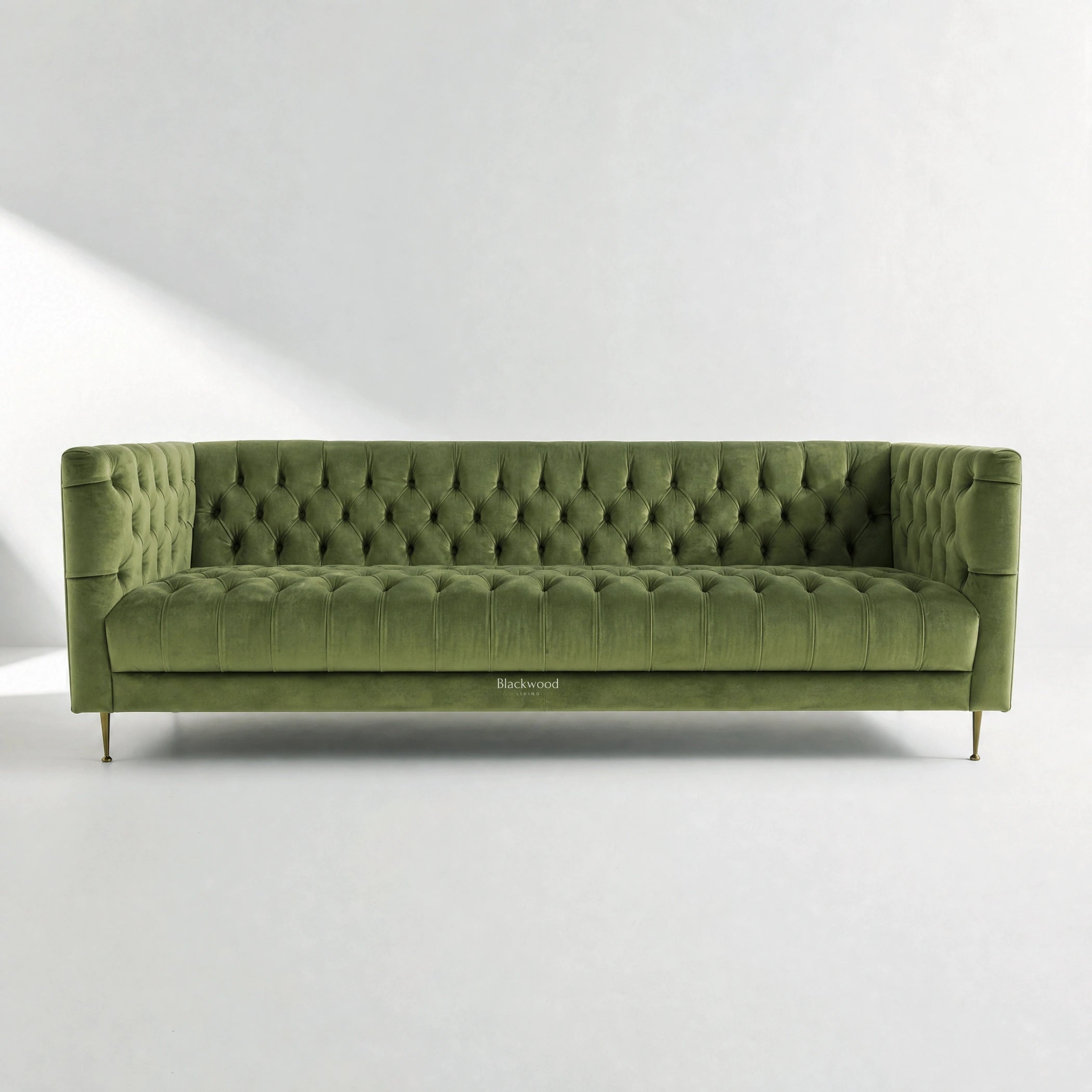 Wellington Club Sofa - Green Velvet with deep button tufting across the seat, back, and arms.